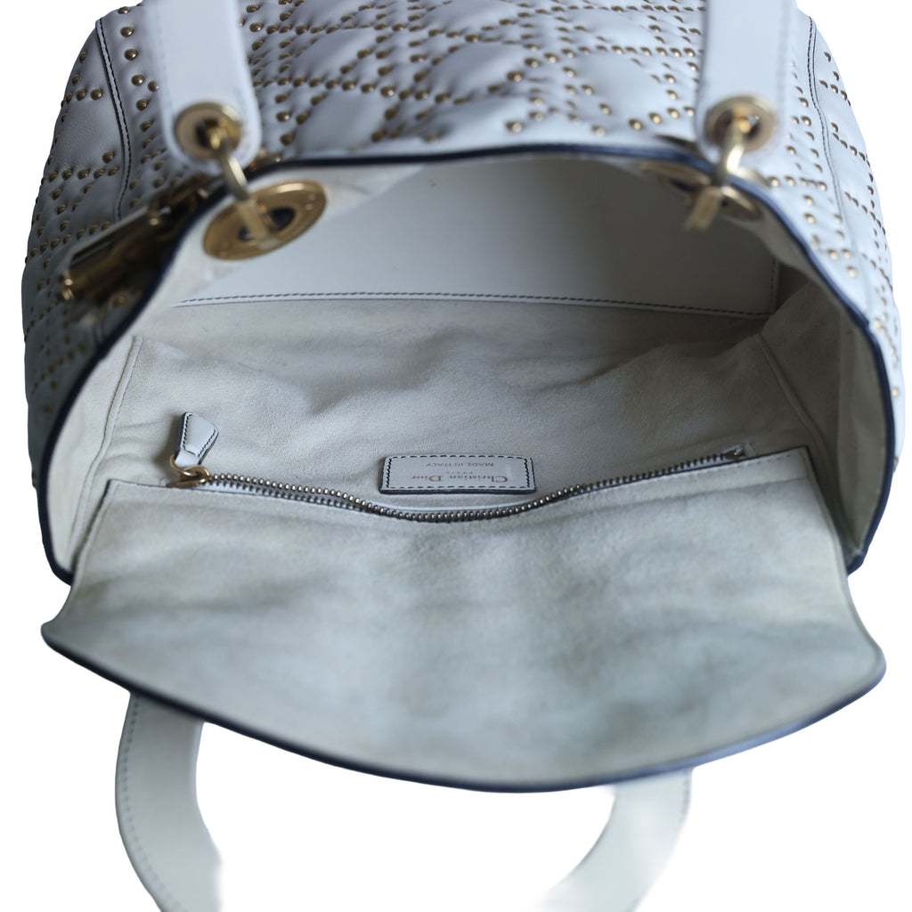 Preowned CHRISTIAN DIOR White Medium Lambskin Cannage Studded Supple Lady Dior | Luxe Again Maison