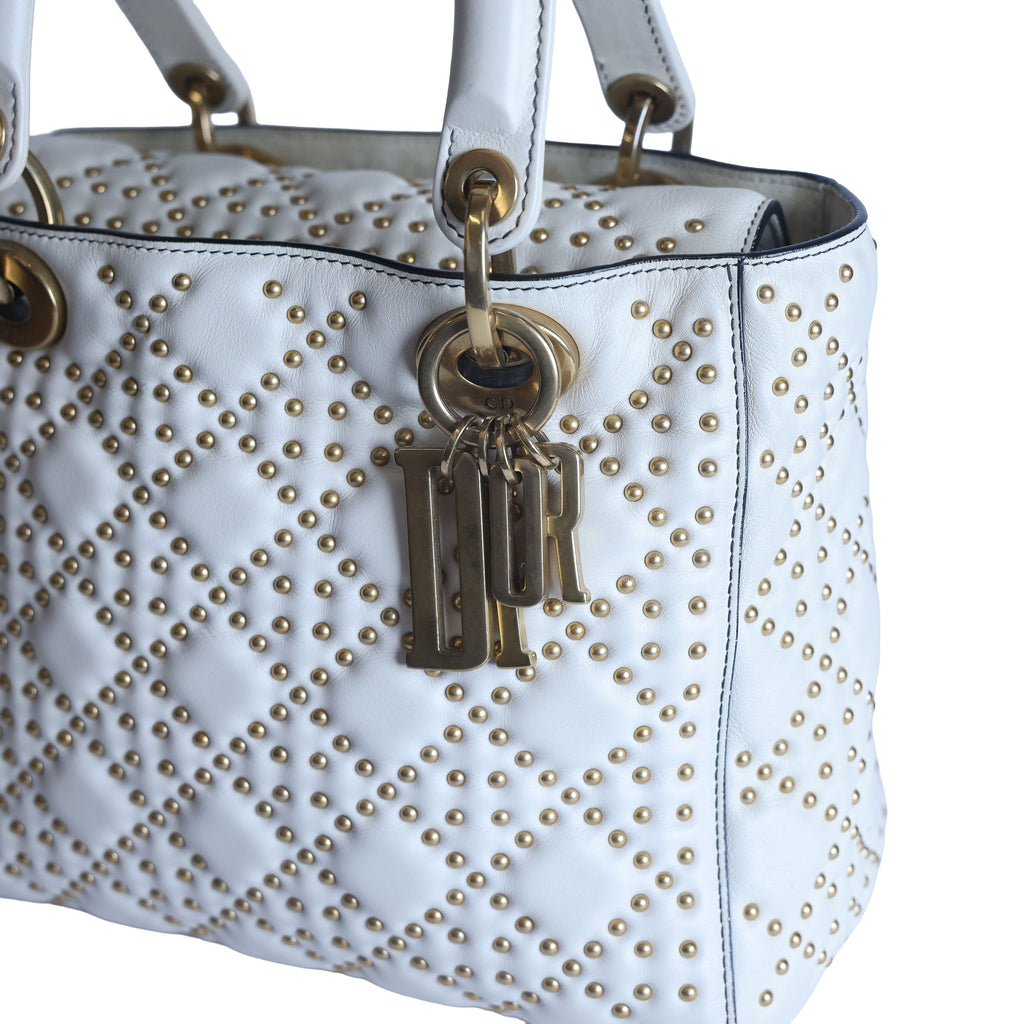 Preowned CHRISTIAN DIOR White Medium Lambskin Cannage Studded Supple Lady Dior | Luxe Again Maison