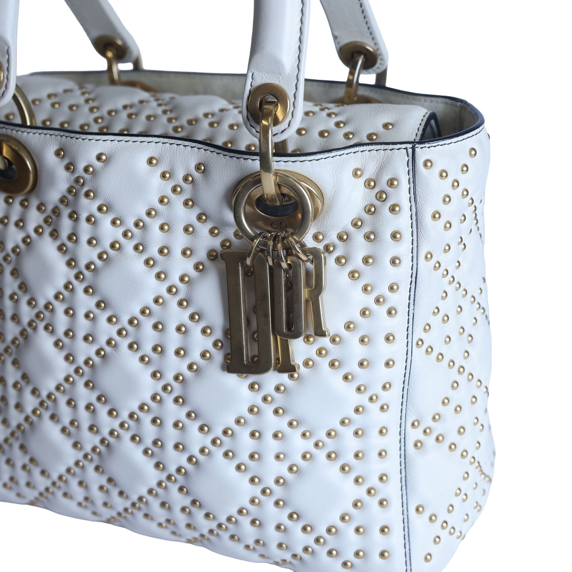 Preowned CHRISTIAN DIOR White Medium Lambskin Cannage Studded Supple Lady Dior | Luxe Again Maison