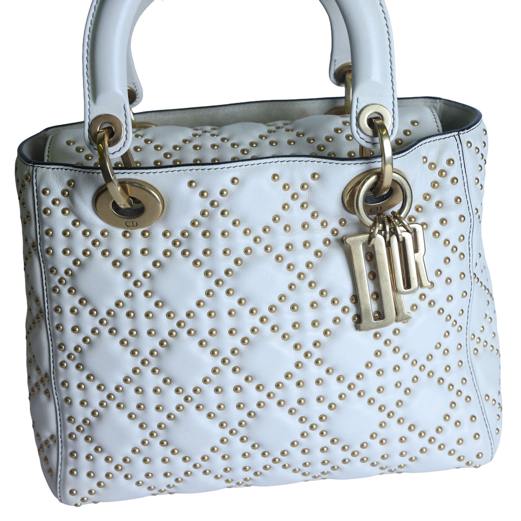 Preowned CHRISTIAN DIOR White Medium Lambskin Cannage Studded Supple Lady Dior | Luxe Again Maison