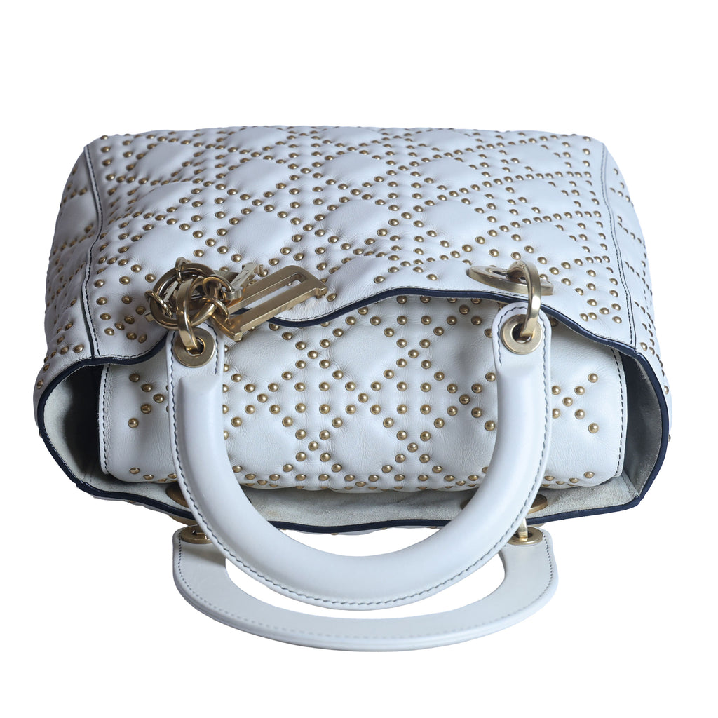 Preowned CHRISTIAN DIOR White Medium Lambskin Cannage Studded Supple Lady Dior | Luxe Again Maison