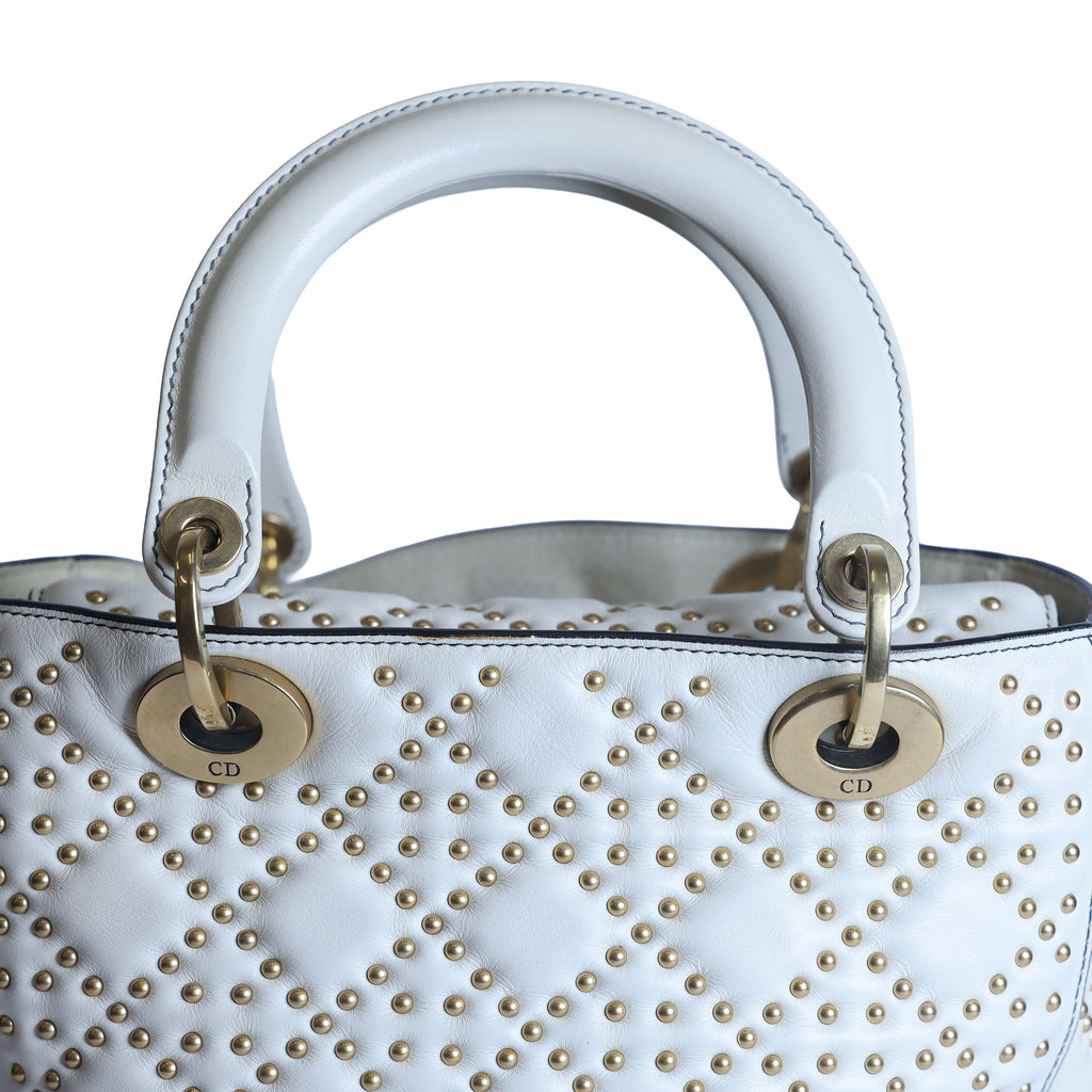 Preowned CHRISTIAN DIOR White Medium Lambskin Cannage Studded Supple Lady Dior | Luxe Again Maison