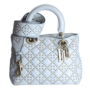 Preowned CHRISTIAN DIOR White Medium Lambskin Cannage Studded Supple Lady Dior | Luxe Again Maison