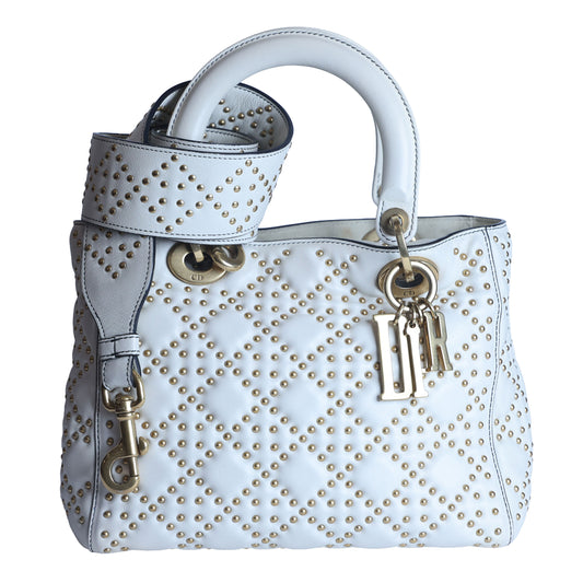 Preowned CHRISTIAN DIOR White Medium Lambskin Cannage Studded Supple Lady Dior | Luxe Again Maison