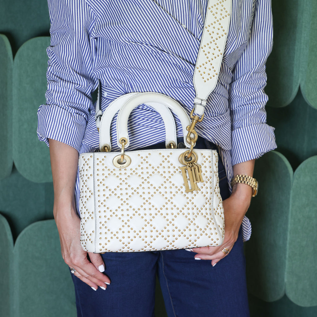 Preowned CHRISTIAN DIOR White Medium Lambskin Cannage Studded Supple Lady Dior | Luxe Again Maison
