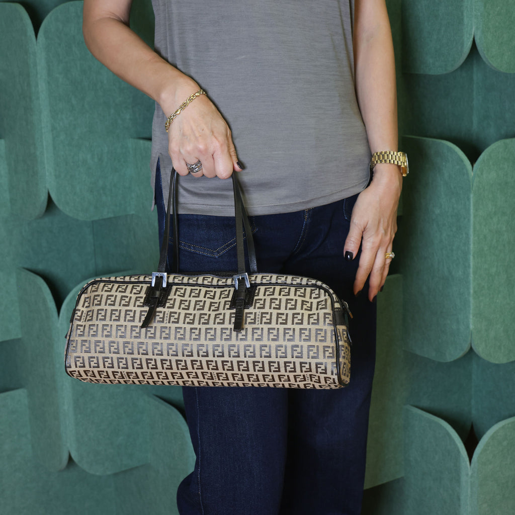 Preloved FENDI 20th Century Zucchino Canvas x Leather Handbag Brown | Luxe Again Maison