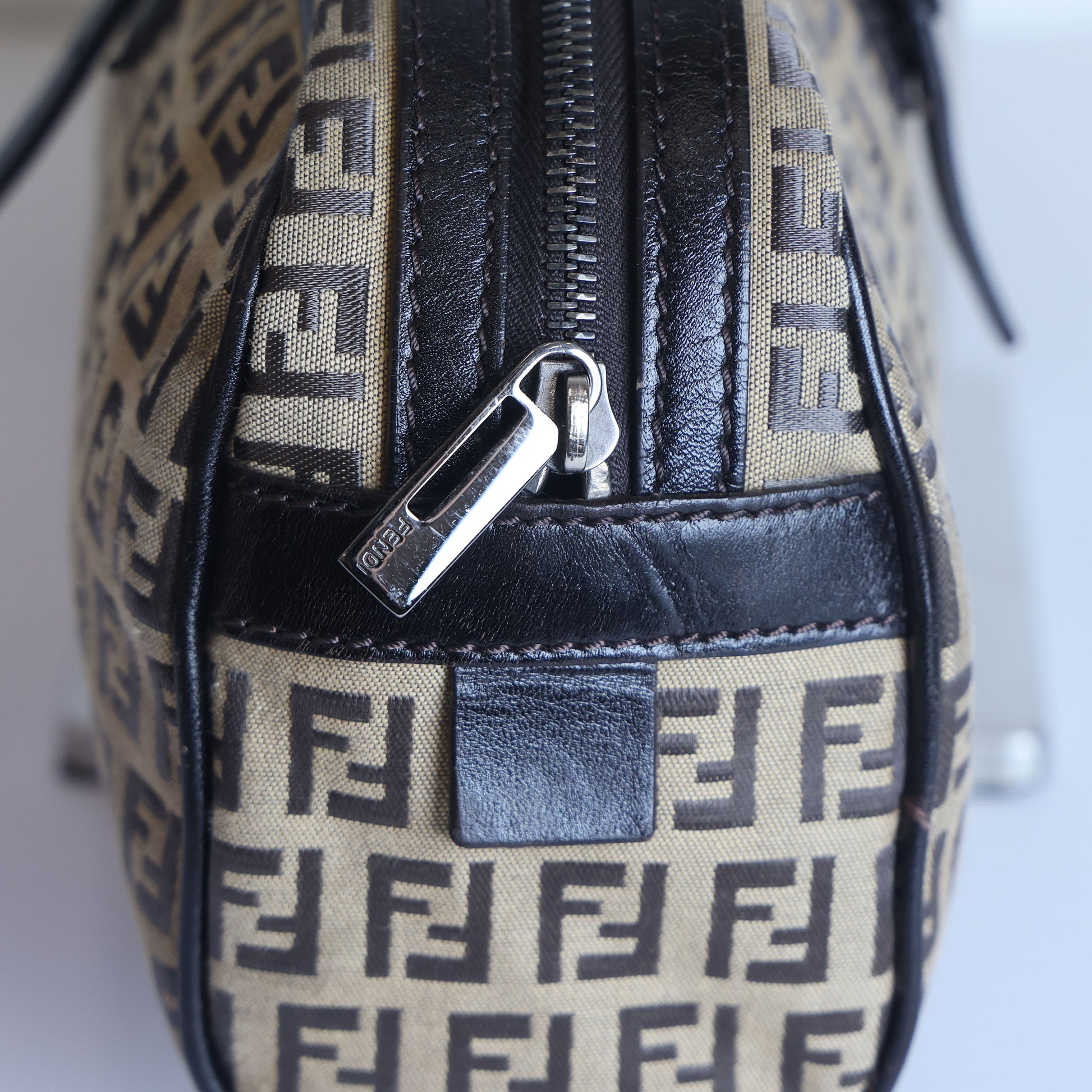 Preloved FENDI 20th Century Zucchino Canvas x Leather Handbag Brown | Luxe Again Maison