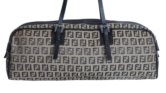 Preloved FENDI 20th Century Zucchino Canvas x Leather Handbag Brown | Luxe Again Maison