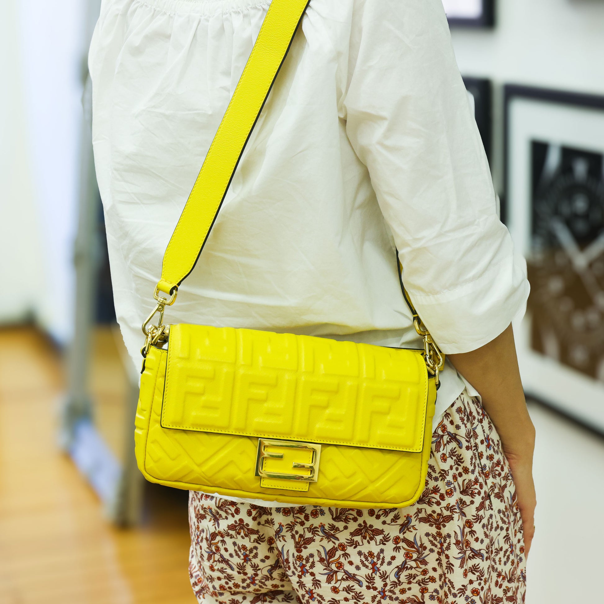 Preloved FENDI Baguette Yellow Nappa Leather Embossed 2 Way Shoulder Bag | Luxe Again Maison
