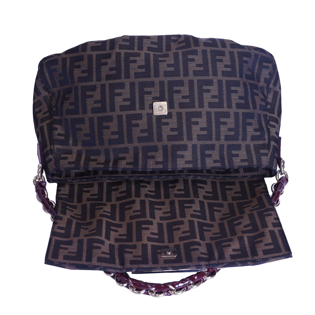 Preloved FENDI Mia Zucca Canvas x Patent Leather Chain Shoulder Bag Brown 8BRXXX | Luxe Again Maison