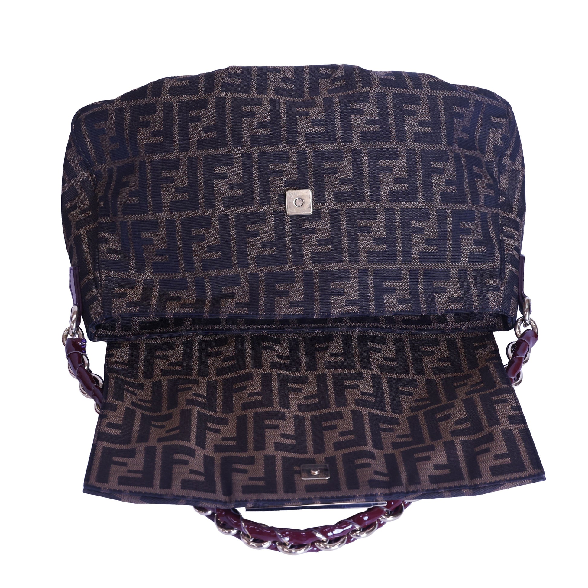 Preloved FENDI Mia Zucca Canvas x Patent Leather Chain Shoulder Bag Brown 8BRXXX | Luxe Again Maison