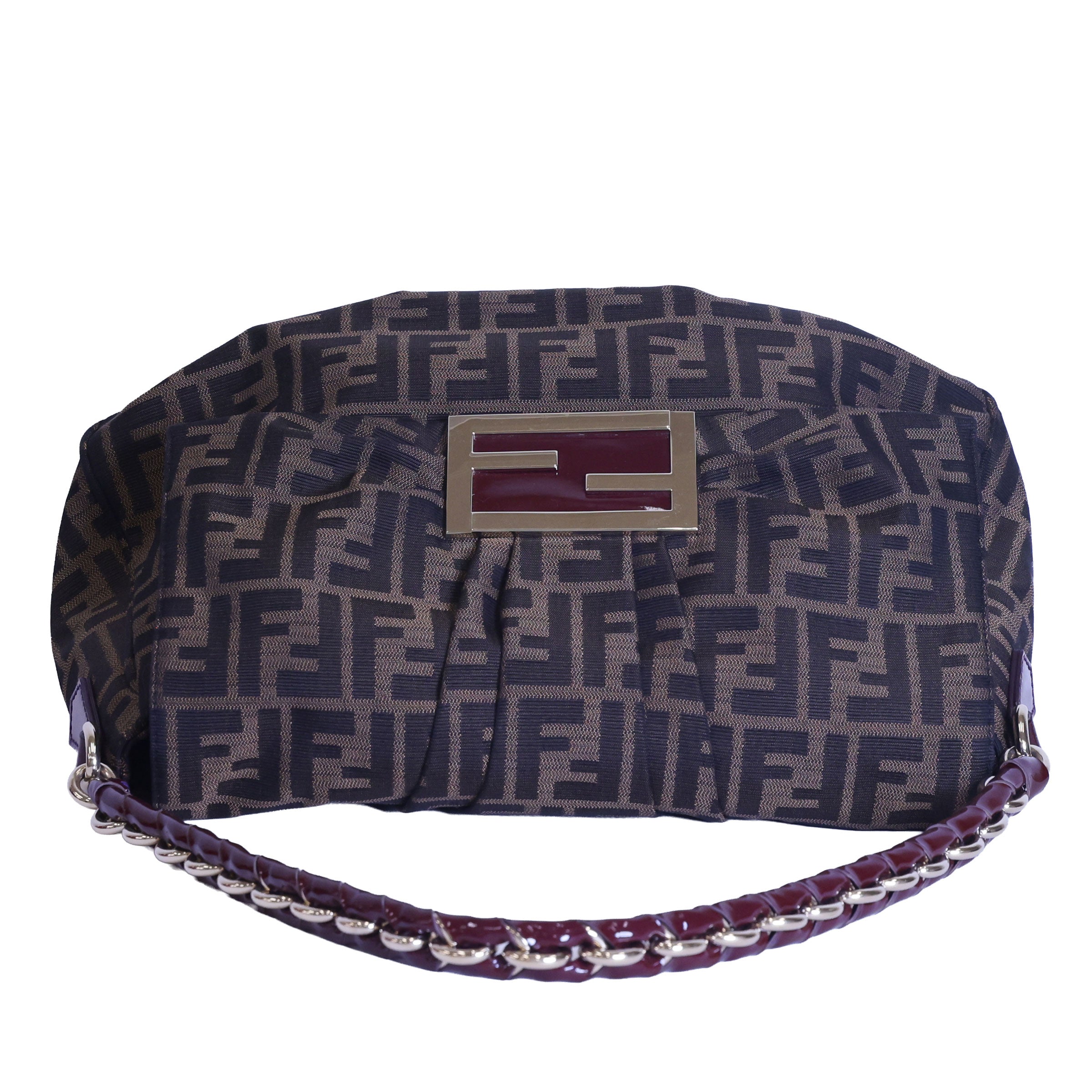 FENDI Mia Zucca Canvas x Patent Leather Chain Shoulder Bag Brown