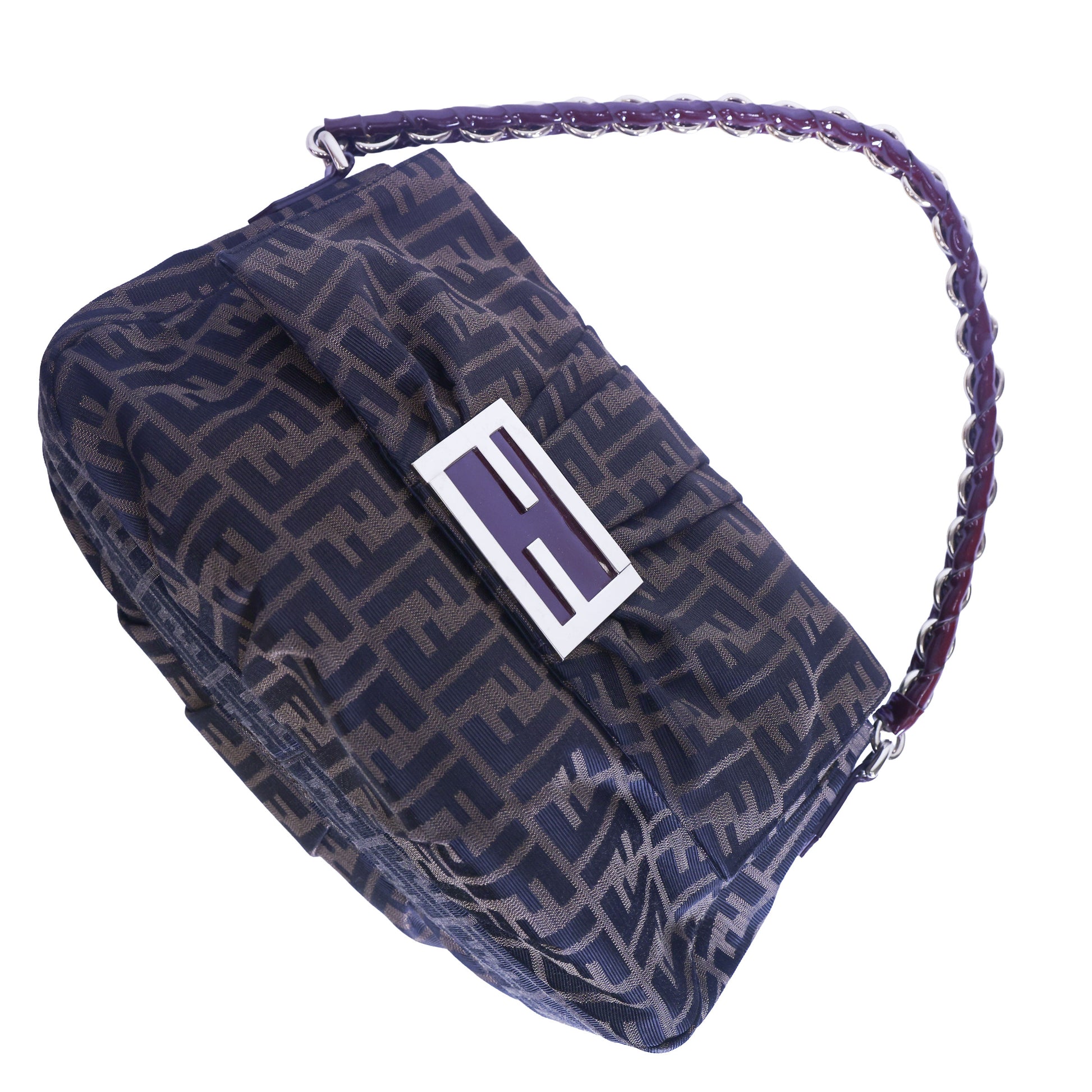 Preloved FENDI Mia Zucca Canvas x Patent Leather Chain Shoulder Bag Brown 8BRXXX | Luxe Again Maison