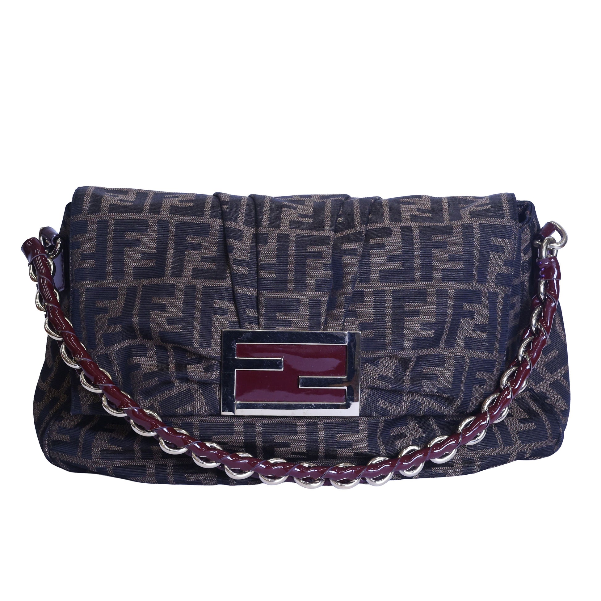 Preloved FENDI Mia Zucca Canvas x Patent Leather Chain Shoulder Bag Brown 8BRXXX | Luxe Again Maison