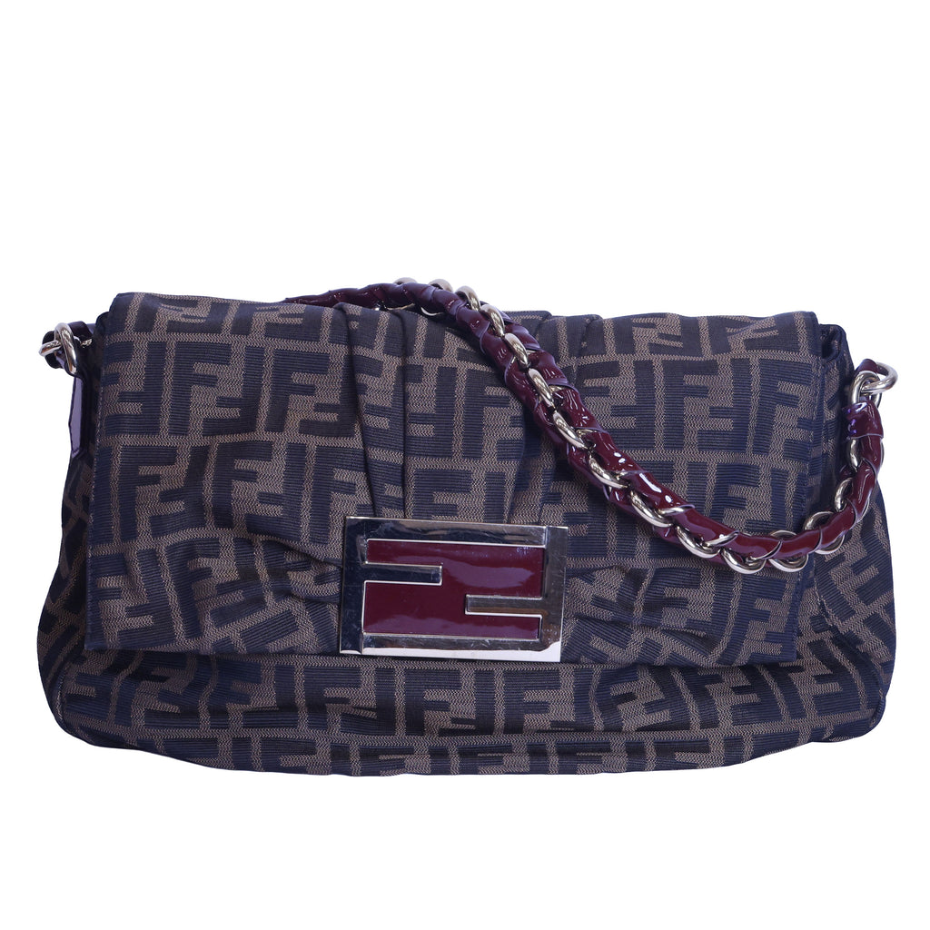 Preloved FENDI Mia Zucca Canvas x Patent Leather Chain Shoulder Bag Brown 8BRXXX | Luxe Again Maison