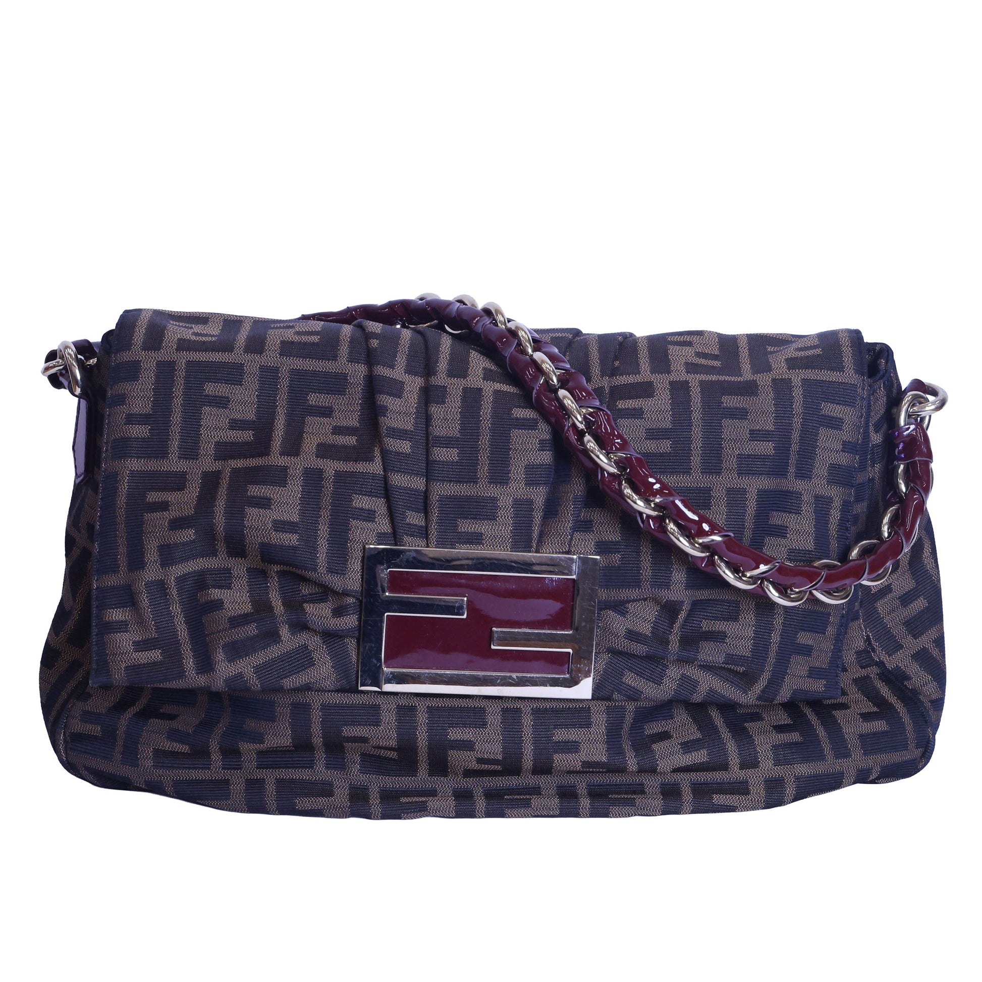 Preloved FENDI Mia Zucca Canvas x Patent Leather Chain Shoulder Bag Brown 8BRXXX | Luxe Again Maison