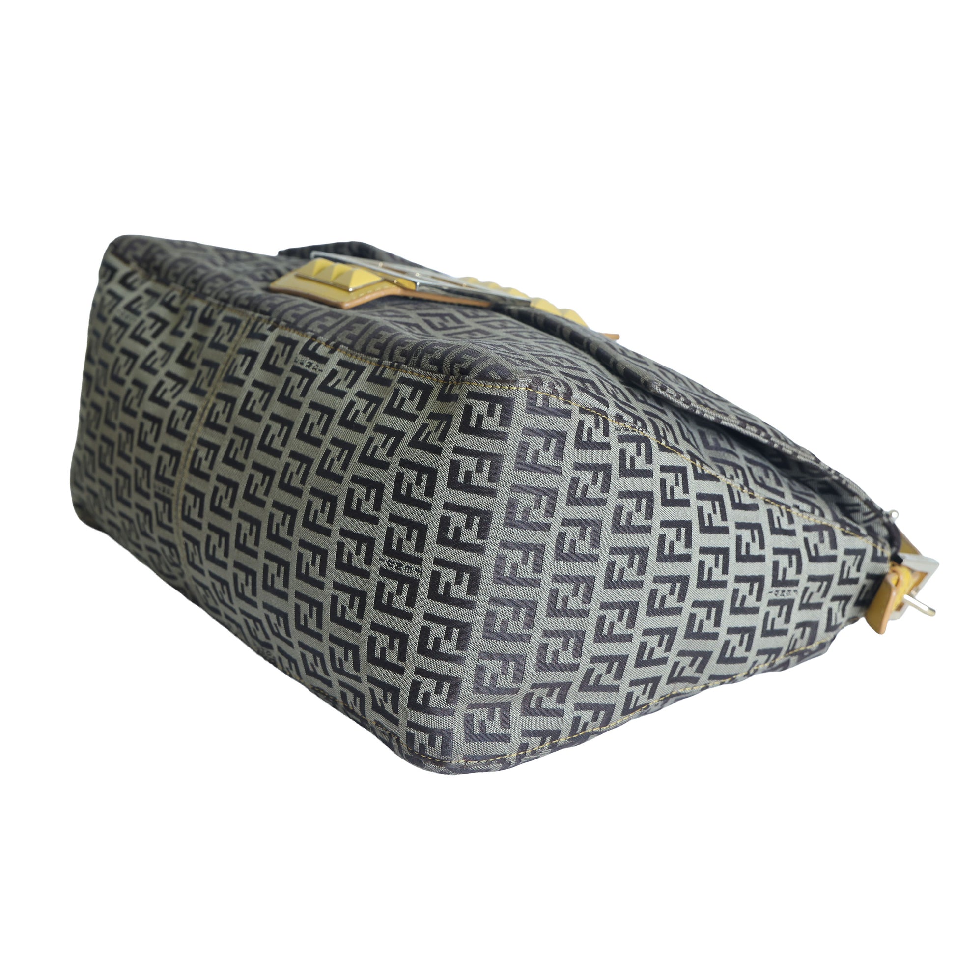 Preloved FENDI Yellow / Brown Zucchino Canvas x Leather Large Studded Mama Forever Shoulder Bag | Luxe Again Maison