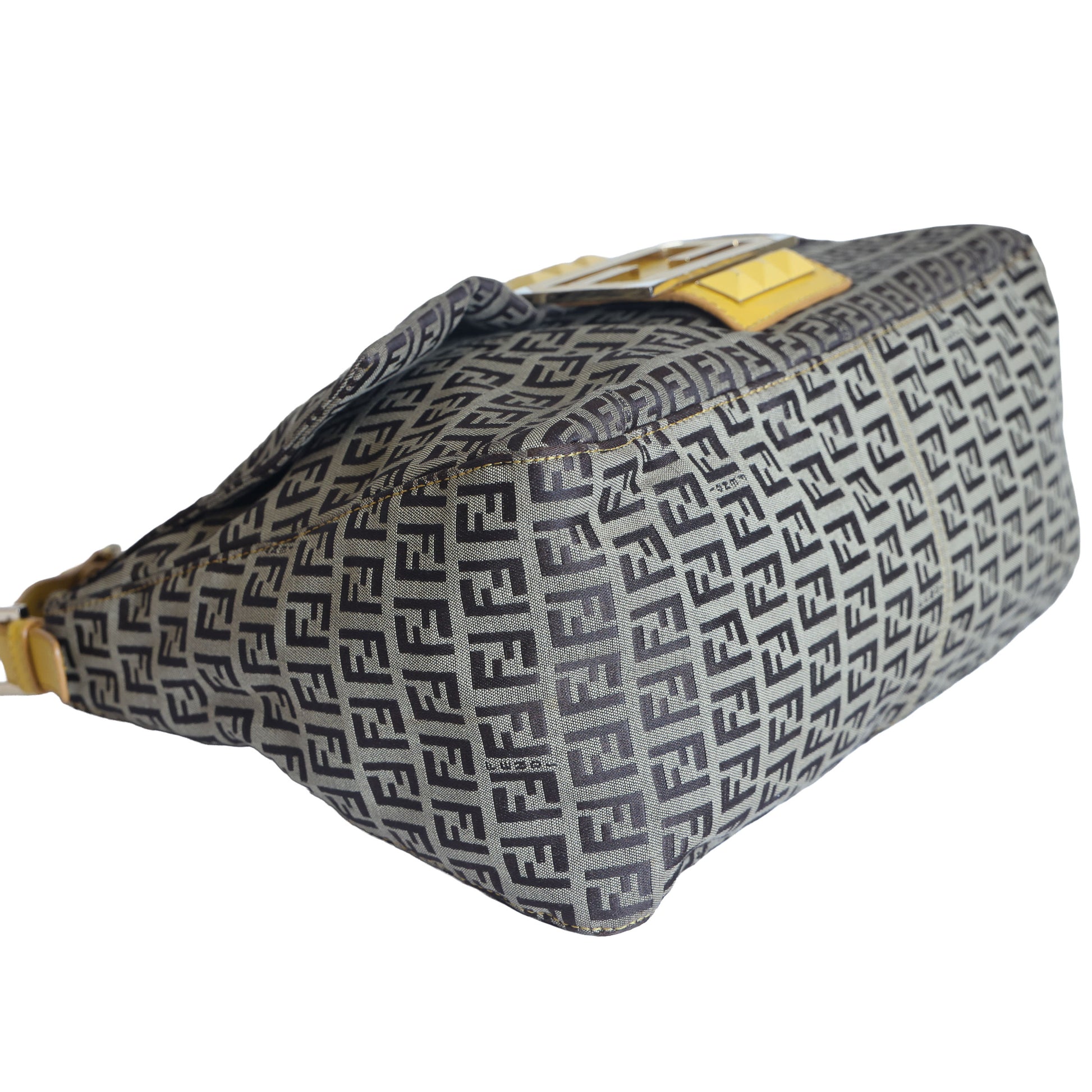 Preloved FENDI Yellow / Brown Zucchino Canvas x Leather Large Studded Mama Forever Shoulder Bag | Luxe Again Maison