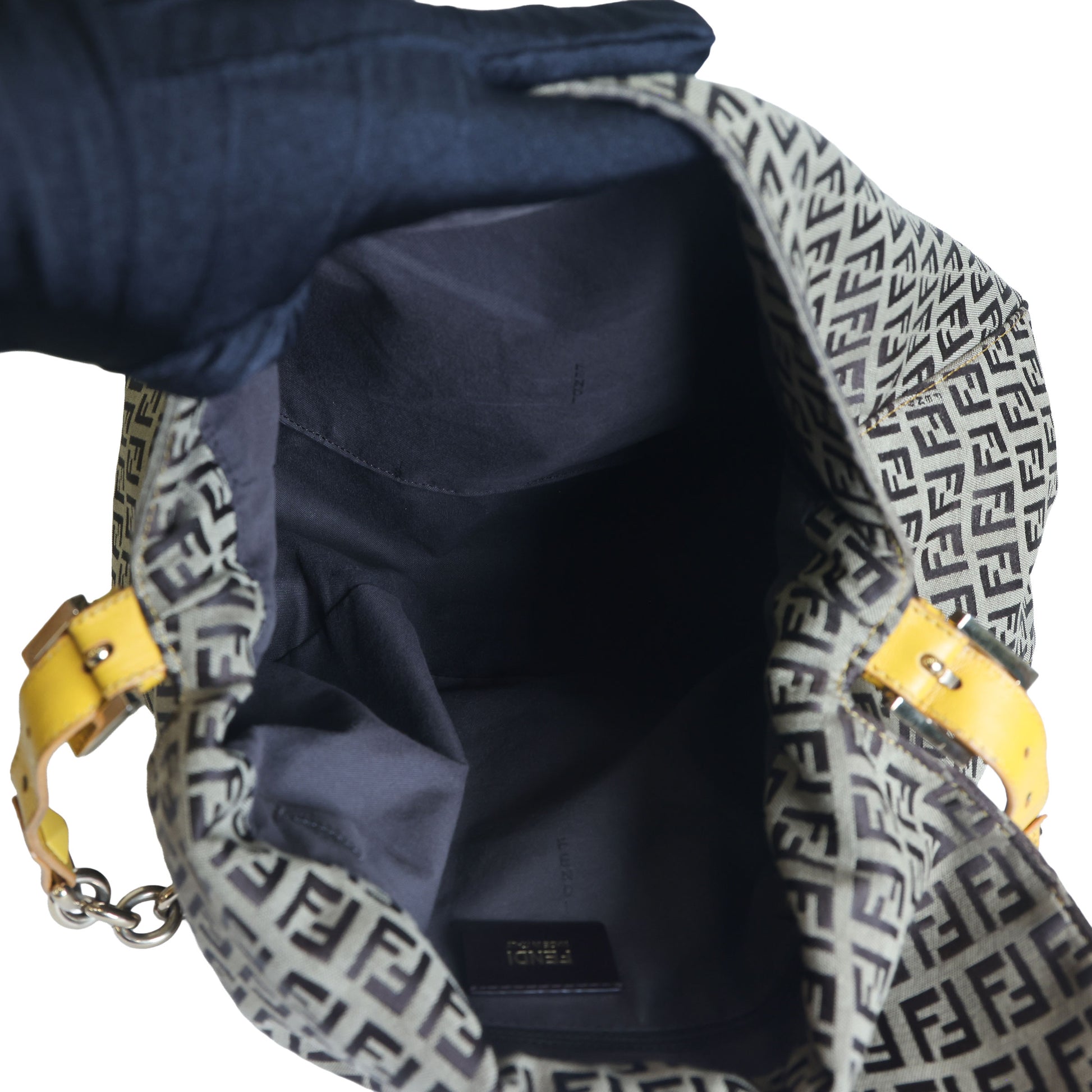 Preloved FENDI Yellow / Brown Zucchino Canvas x Leather Large Studded Mama Forever Shoulder Bag | Luxe Again Maison