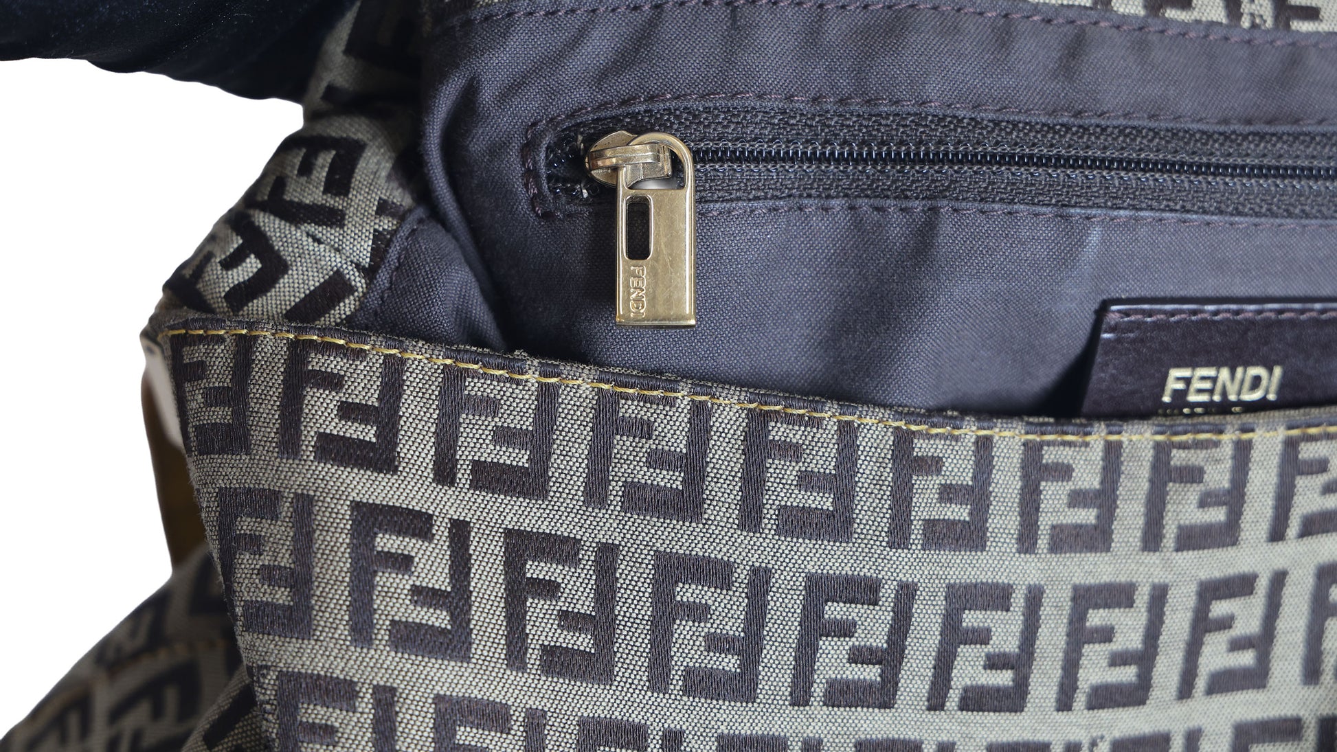 Preloved FENDI Yellow / Brown Zucchino Canvas x Leather Large Studded Mama Forever Shoulder Bag | Luxe Again Maison