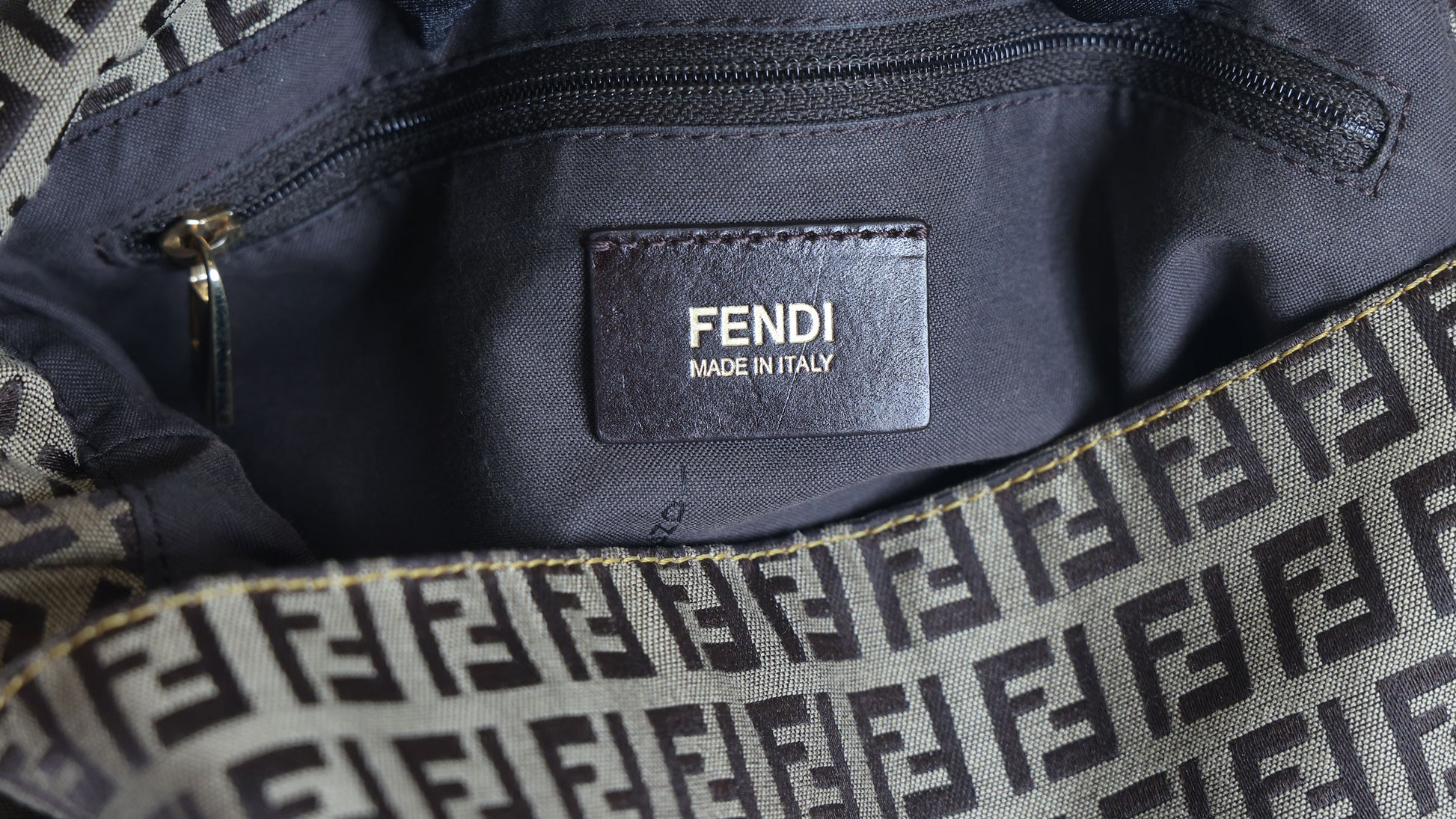 Preloved FENDI Yellow / Brown Zucchino Canvas x Leather Large Studded Mama Forever Shoulder Bag | Luxe Again Maison