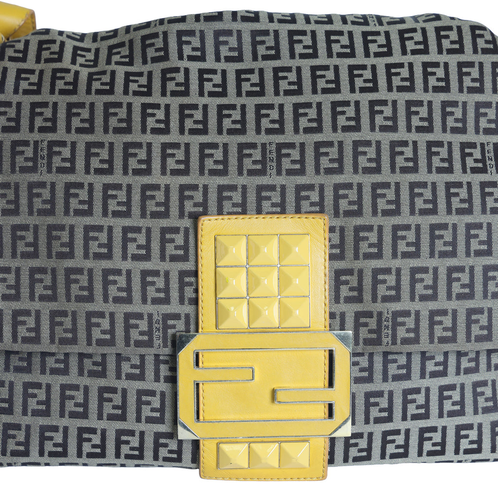 Preloved FENDI Yellow / Brown Zucchino Canvas x Leather Large Studded Mama Forever Shoulder Bag | Luxe Again Maison