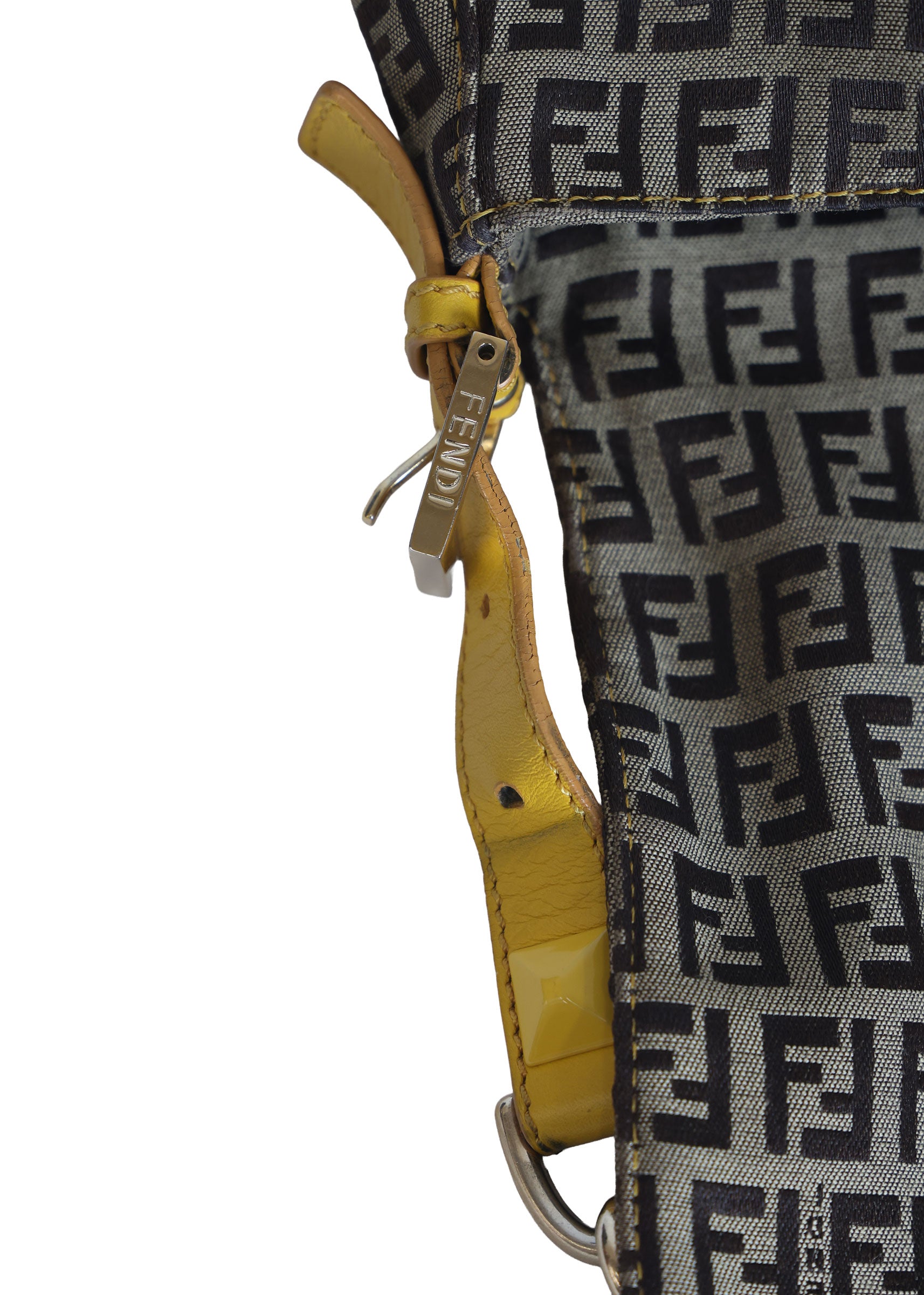 Preloved FENDI Yellow / Brown Zucchino Canvas x Leather Large Studded Mama Forever Shoulder Bag | Luxe Again Maison