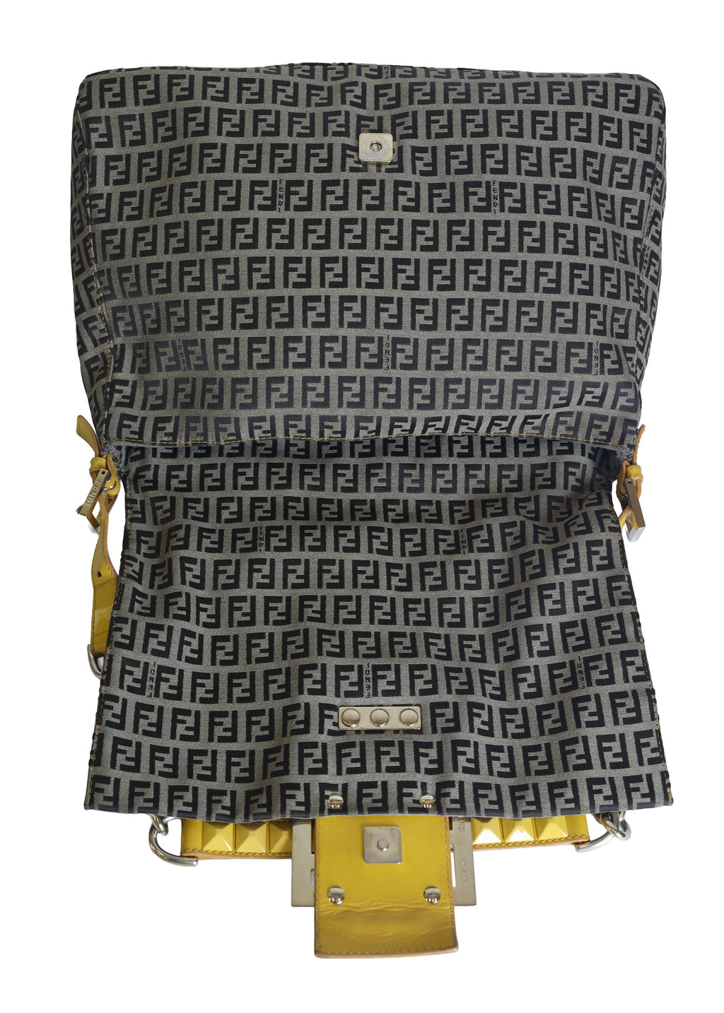 Preloved FENDI Yellow / Brown Zucchino Canvas x Leather Large Studded Mama Forever Shoulder Bag | Luxe Again Maison