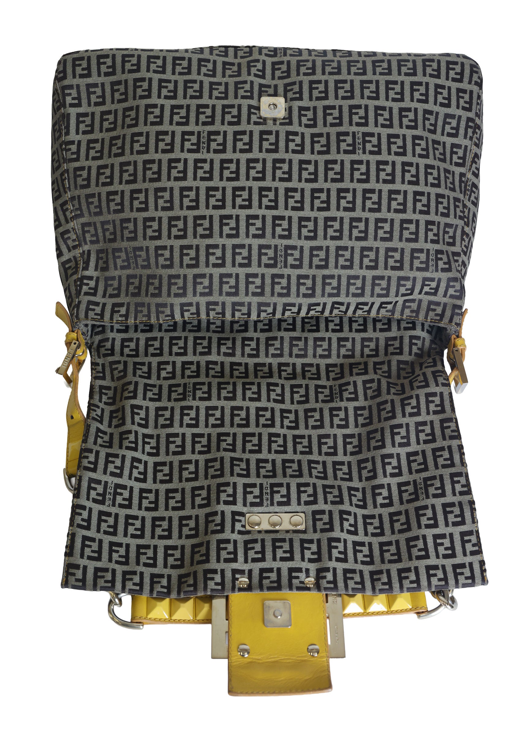 Preloved FENDI Yellow / Brown Zucchino Canvas x Leather Large Studded Mama Forever Shoulder Bag | Luxe Again Maison