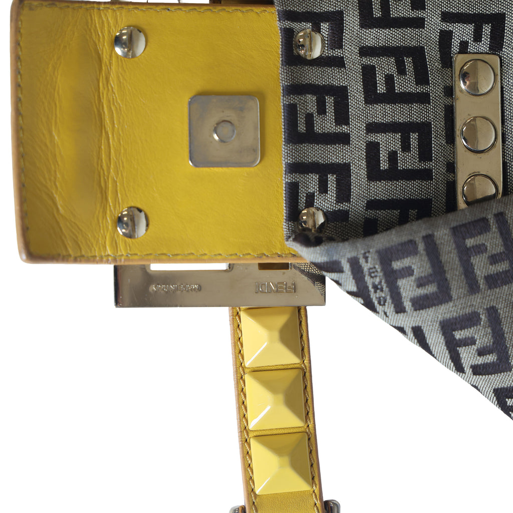 Preloved FENDI Yellow / Brown Zucchino Canvas x Leather Large Studded Mama Forever Shoulder Bag | Luxe Again Maison