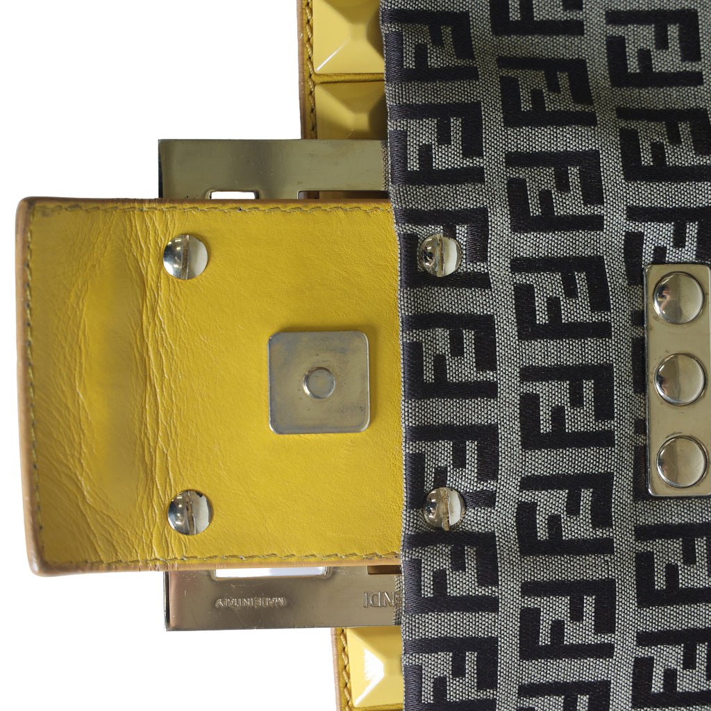 Preloved FENDI Yellow / Brown Zucchino Canvas x Leather Large Studded Mama Forever Shoulder Bag | Luxe Again Maison