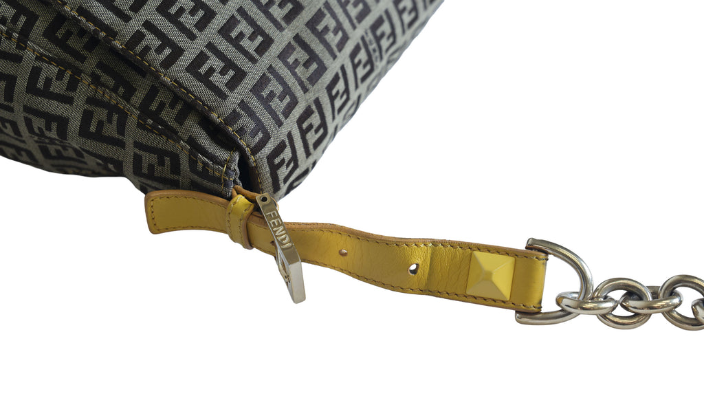 Preloved FENDI Yellow / Brown Zucchino Canvas x Leather Large Studded Mama Forever Shoulder Bag | Luxe Again Maison