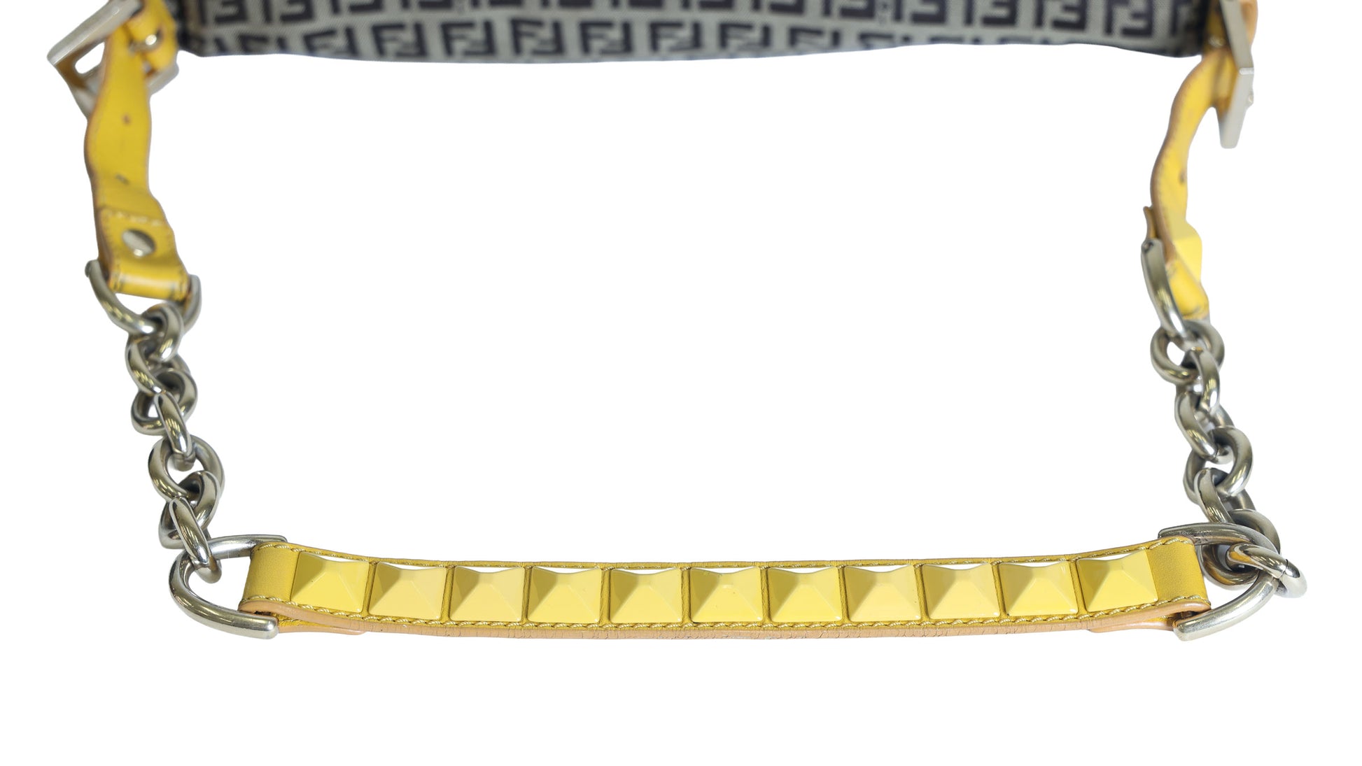 Preloved FENDI Yellow / Brown Zucchino Canvas x Leather Large Studded Mama Forever Shoulder Bag | Luxe Again Maison