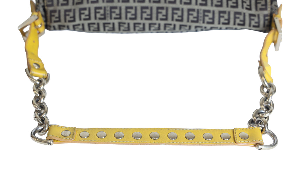 Preloved FENDI Yellow / Brown Zucchino Canvas x Leather Large Studded Mama Forever Shoulder Bag | Luxe Again Maison