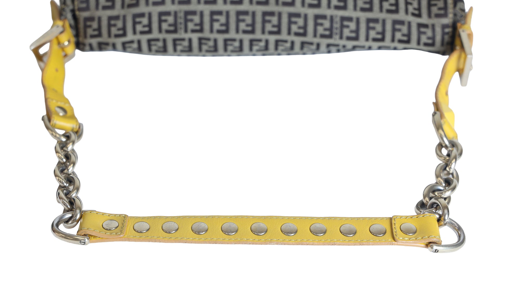 Preloved FENDI Yellow / Brown Zucchino Canvas x Leather Large Studded Mama Forever Shoulder Bag | Luxe Again Maison