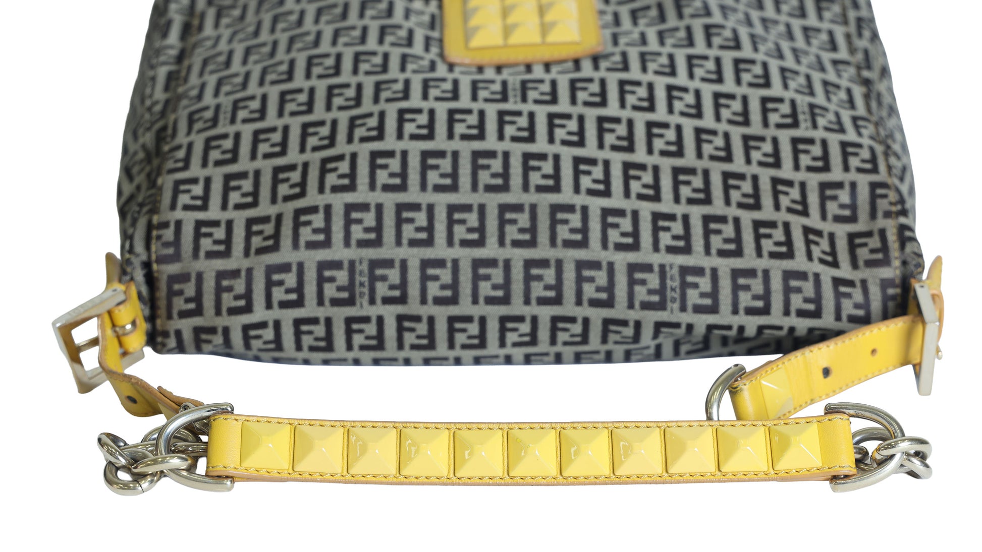 Preloved FENDI Yellow / Brown Zucchino Canvas x Leather Large Studded Mama Forever Shoulder Bag | Luxe Again Maison