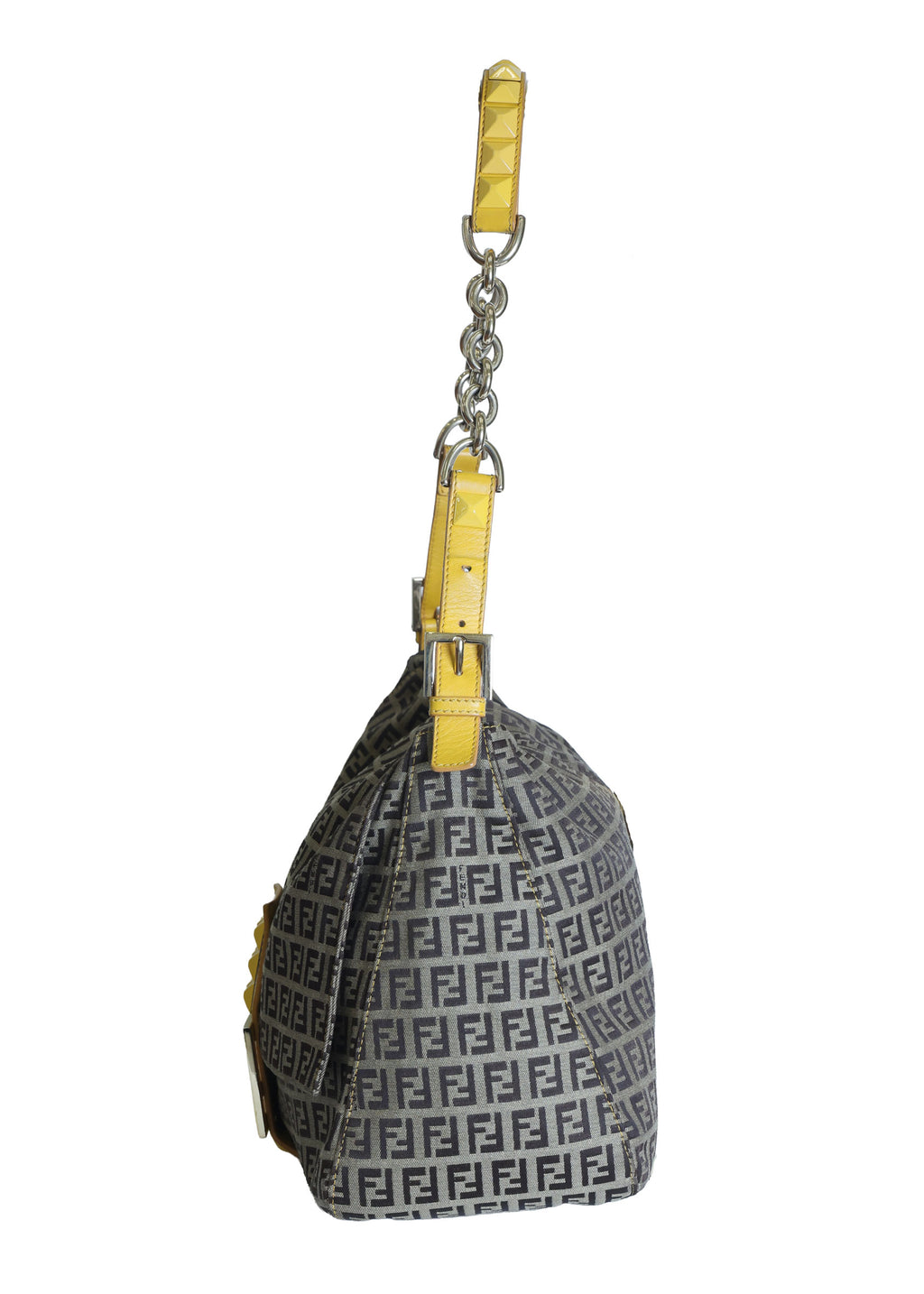 Preloved FENDI Yellow / Brown Zucchino Canvas x Leather Large Studded Mama Forever Shoulder Bag | Luxe Again Maison