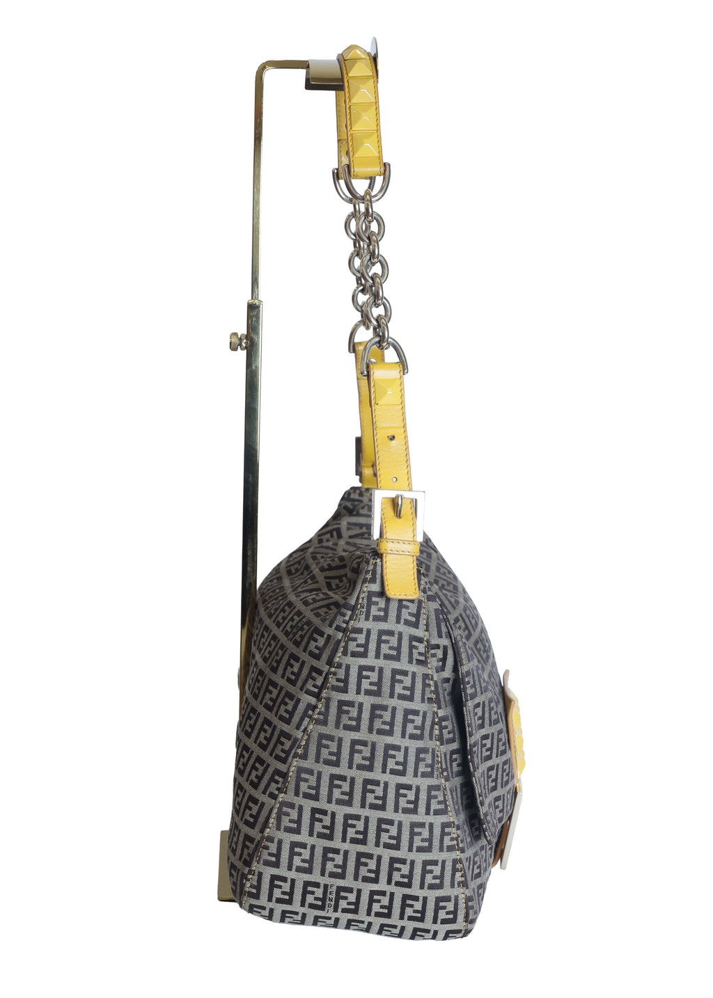 Preloved FENDI Yellow / Brown Zucchino Canvas x Leather Large Studded Mama Forever Shoulder Bag | Luxe Again Maison