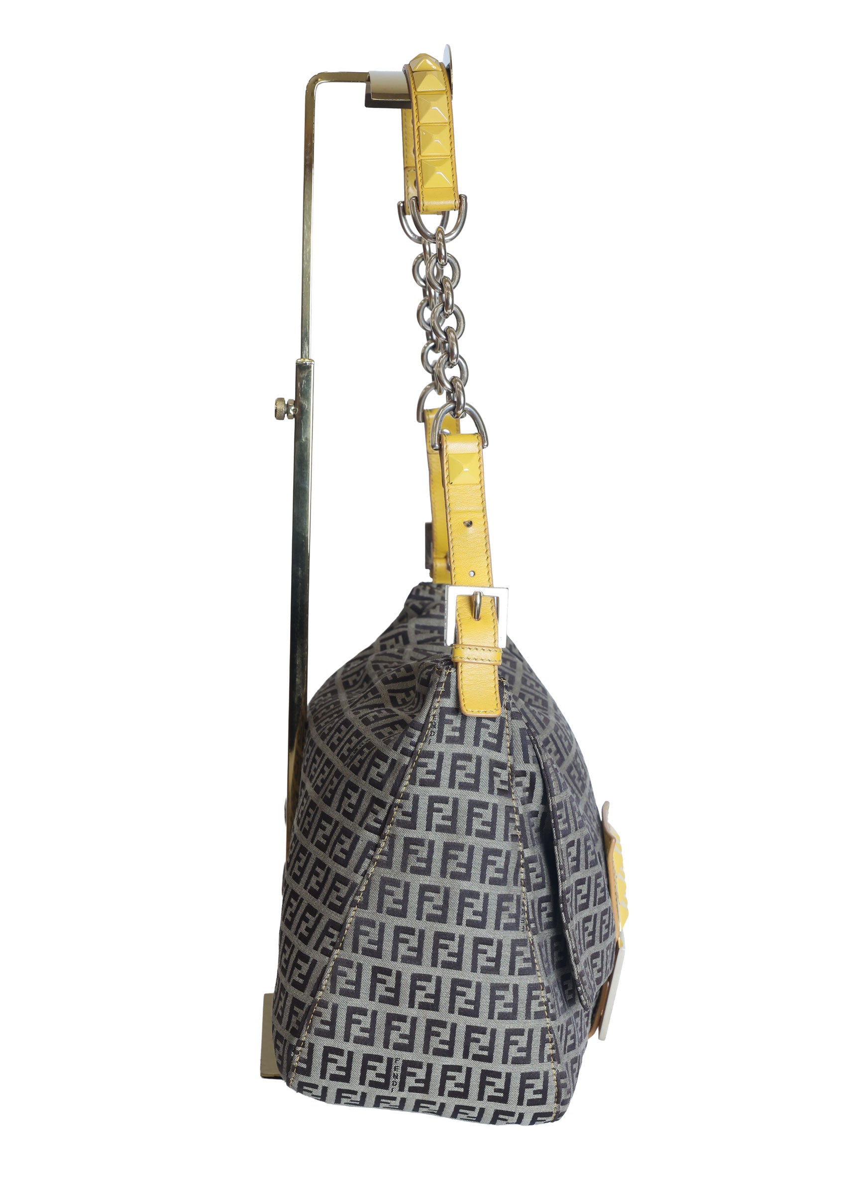 Preloved FENDI Yellow / Brown Zucchino Canvas x Leather Large Studded Mama Forever Shoulder Bag | Luxe Again Maison