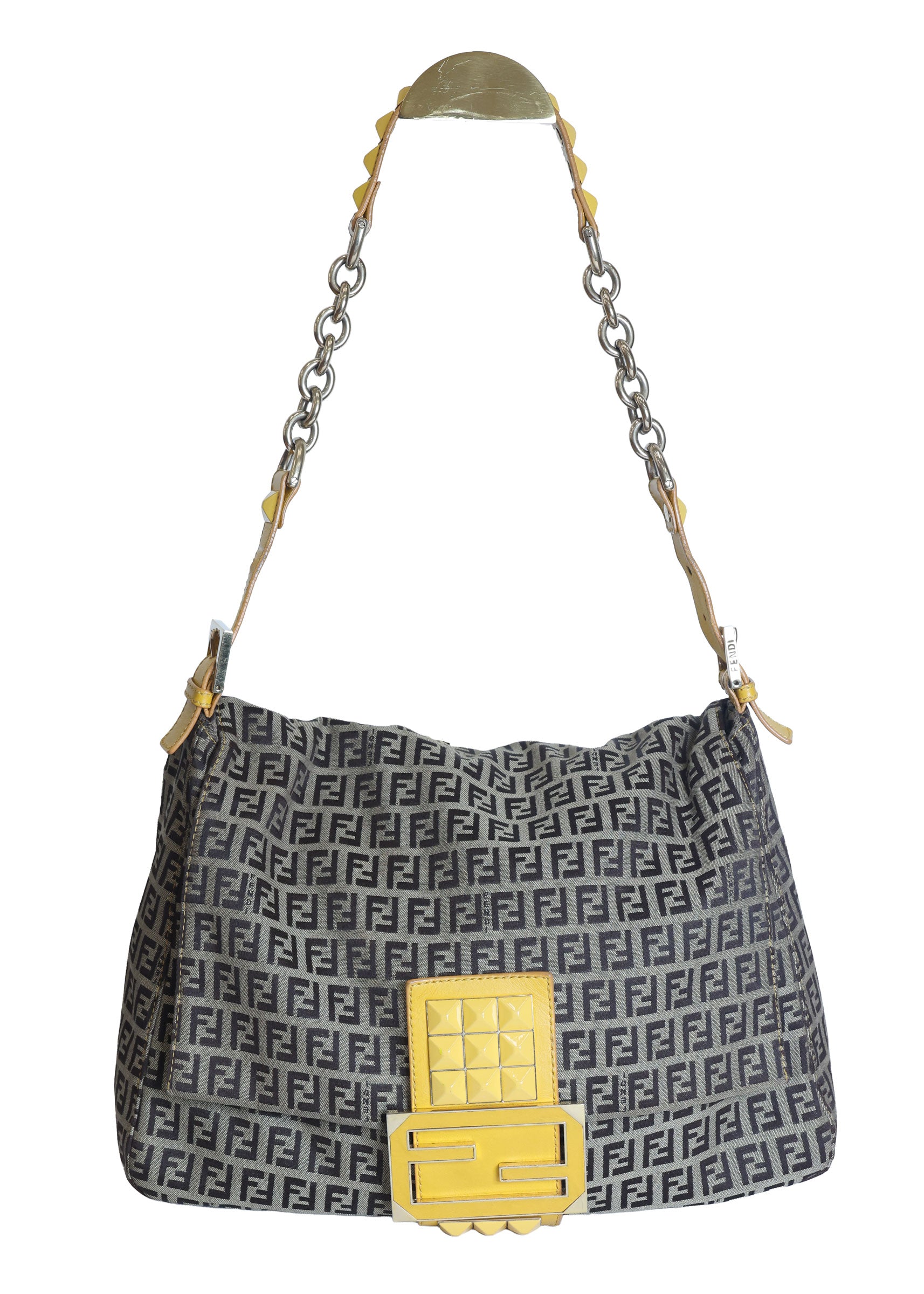 Preloved FENDI Yellow / Brown Zucchino Canvas x Leather Large Studded Mama Forever Shoulder Bag | Luxe Again Maison