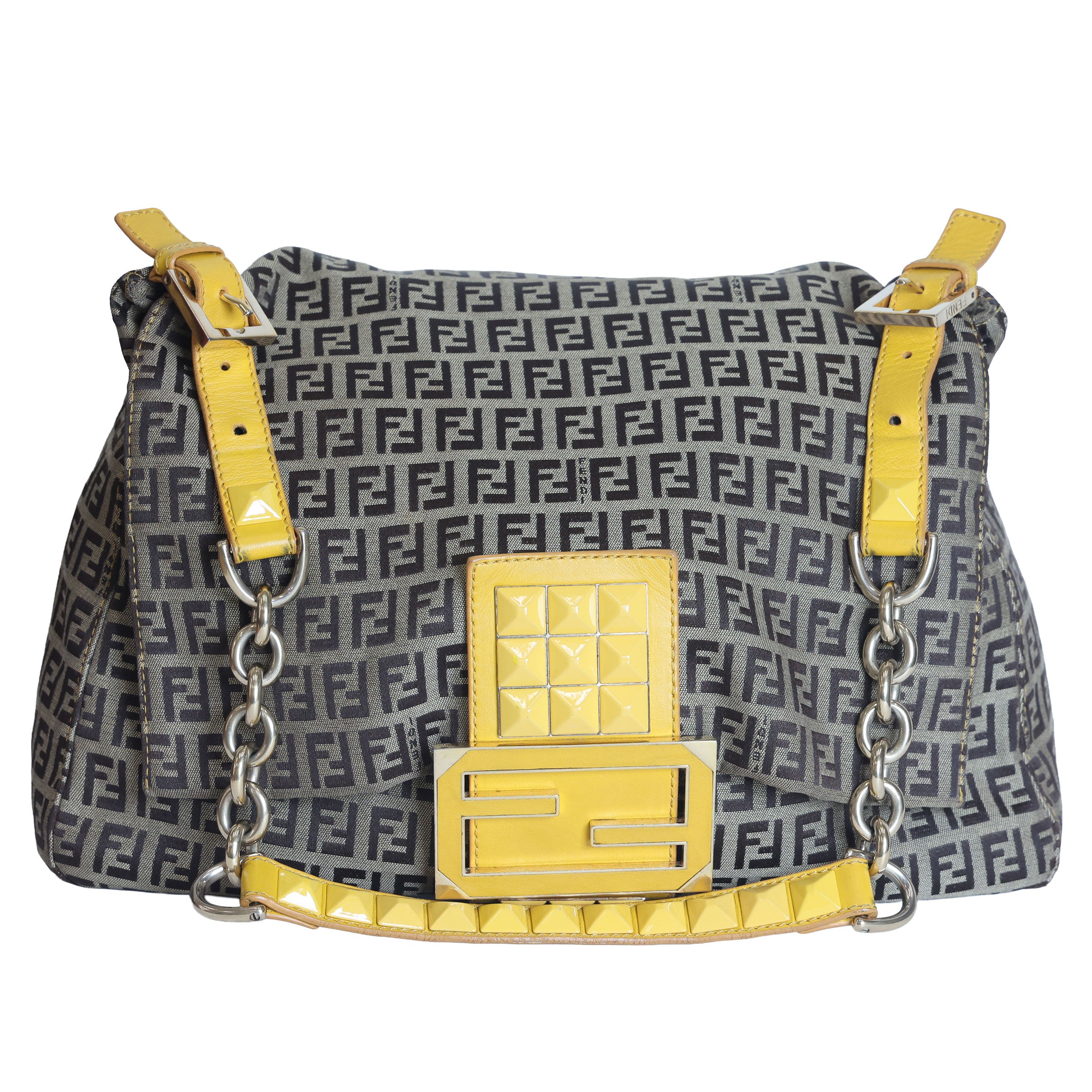FENDI Yellow / Brown Zucchino Canvas x Leather Large Studded Mama