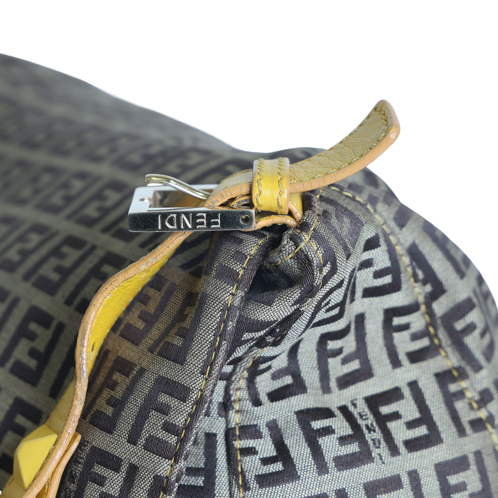 Preloved FENDI Yellow / Brown Zucchino Canvas x Leather Large Studded Mama Forever Shoulder Bag | Luxe Again Maison