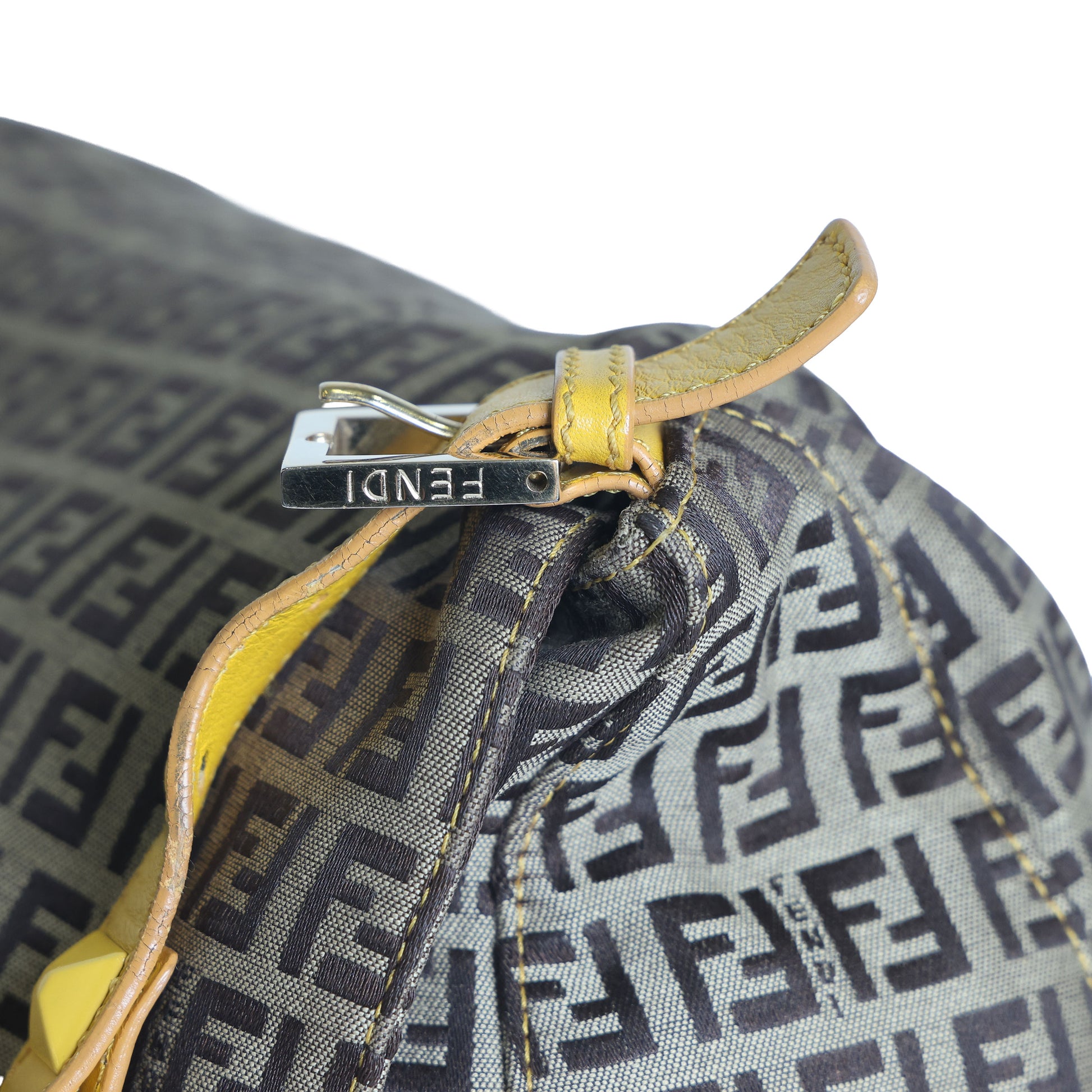 Preloved FENDI Yellow / Brown Zucchino Canvas x Leather Large Studded Mama Forever Shoulder Bag | Luxe Again Maison