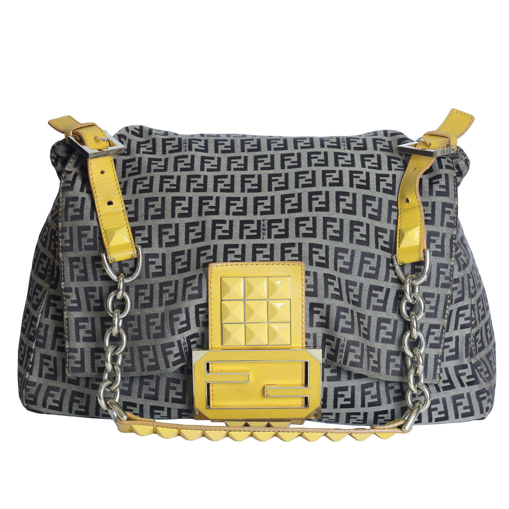 Preloved FENDI Yellow / Brown Zucchino Canvas x Leather Large Studded Mama Forever Shoulder Bag | Luxe Again Maison