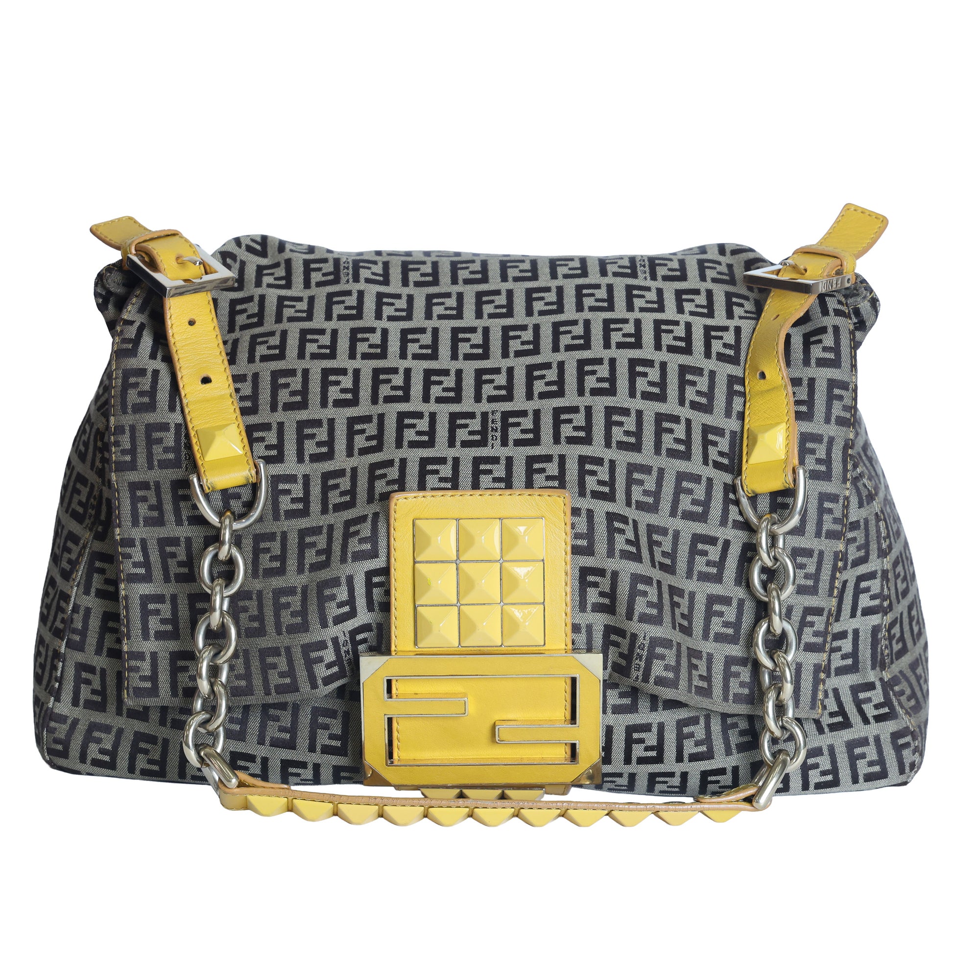 Preloved FENDI Yellow / Brown Zucchino Canvas x Leather Large Studded Mama Forever Shoulder Bag | Luxe Again Maison