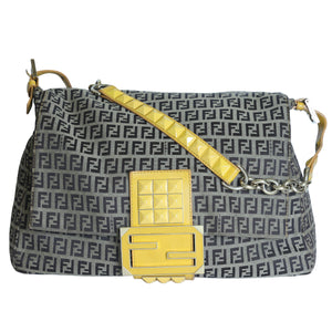 Preloved FENDI Yellow / Brown Zucchino Canvas x Leather Large Studded Mama Forever Shoulder Bag | Luxe Again Maison