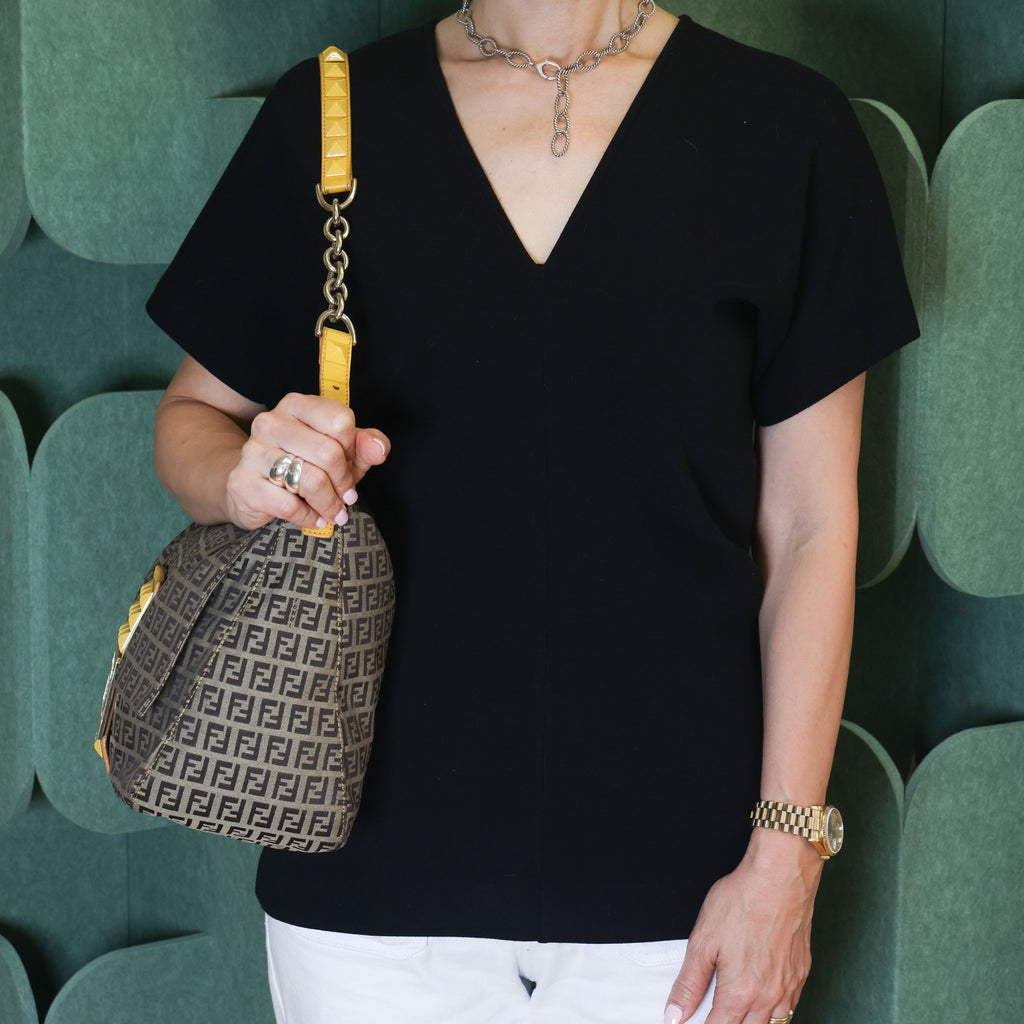 Preloved FENDI Yellow / Brown Zucchino Canvas x Leather Large Studded Mama Forever Shoulder Bag | Luxe Again Maison