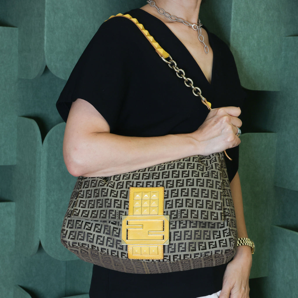 Preloved FENDI Yellow / Brown Zucchino Canvas x Leather Large Studded Mama Forever Shoulder Bag | Luxe Again Maison