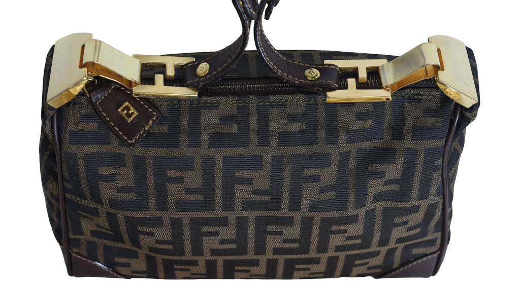 Preloved FENDI Zucca Canvas Leather Crossbody Gold Tone Handbag Brown | Luxe Again Maison