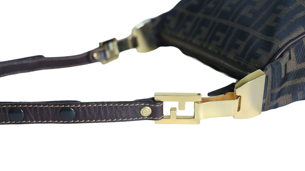 Preloved FENDI Zucca Canvas Leather Crossbody Gold Tone Handbag Brown | Luxe Again Maison